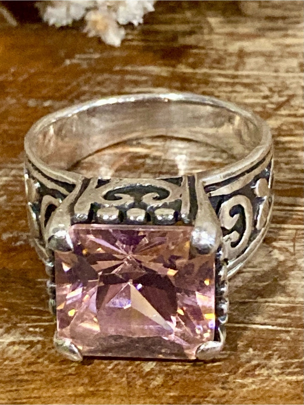 Silver Tone Statement Ring with Square Pink Gemstone • Size 6.25 - Picture 3 of 13